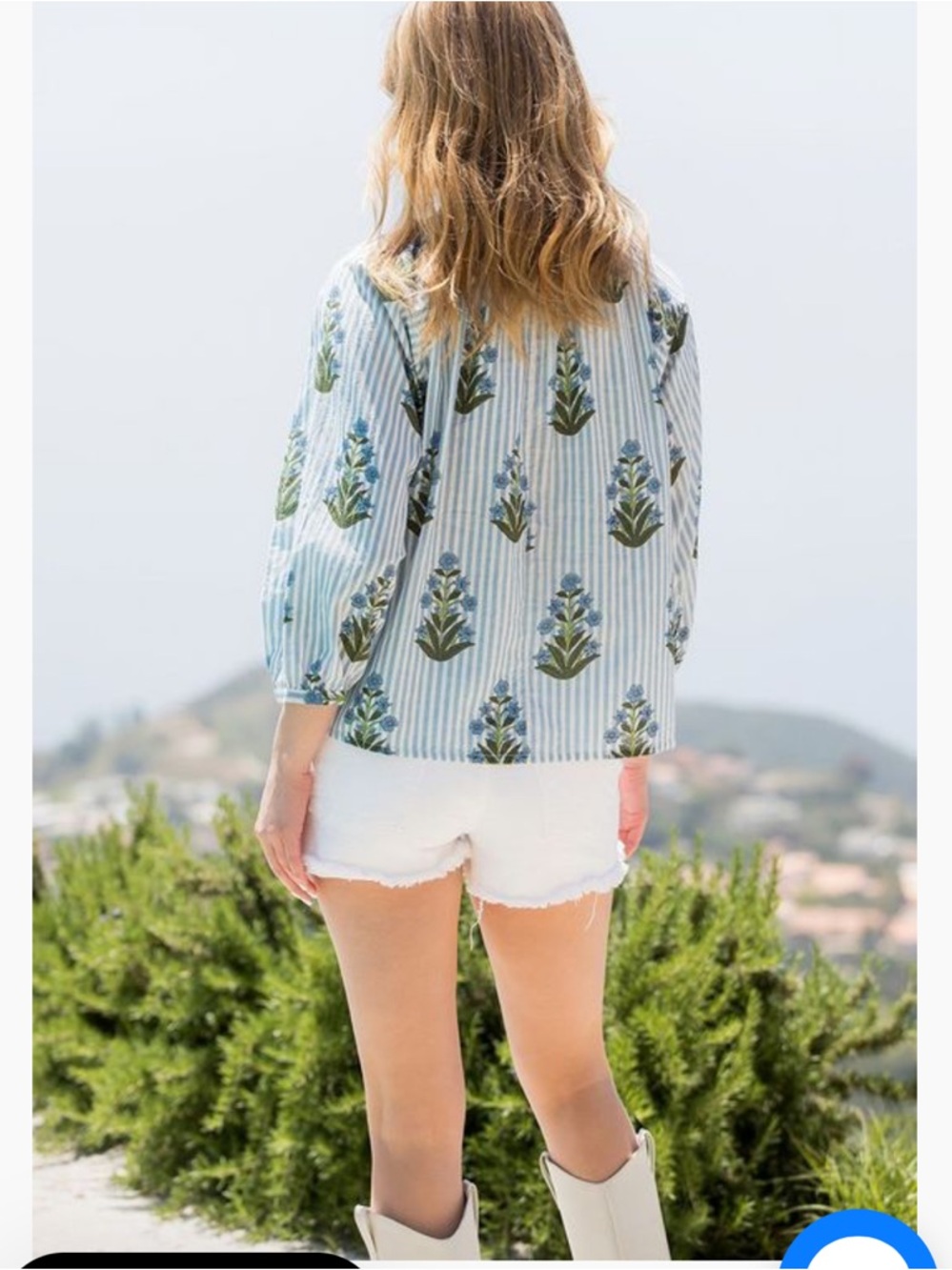 SZ Blockprints Blue Striped Floral Cotton Peasant Blouse